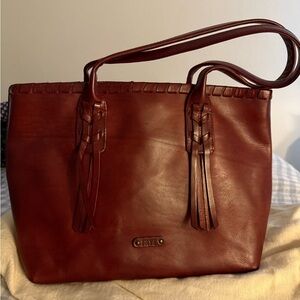 Frye Chestnut Leather Tote with Braided Tassel Accents